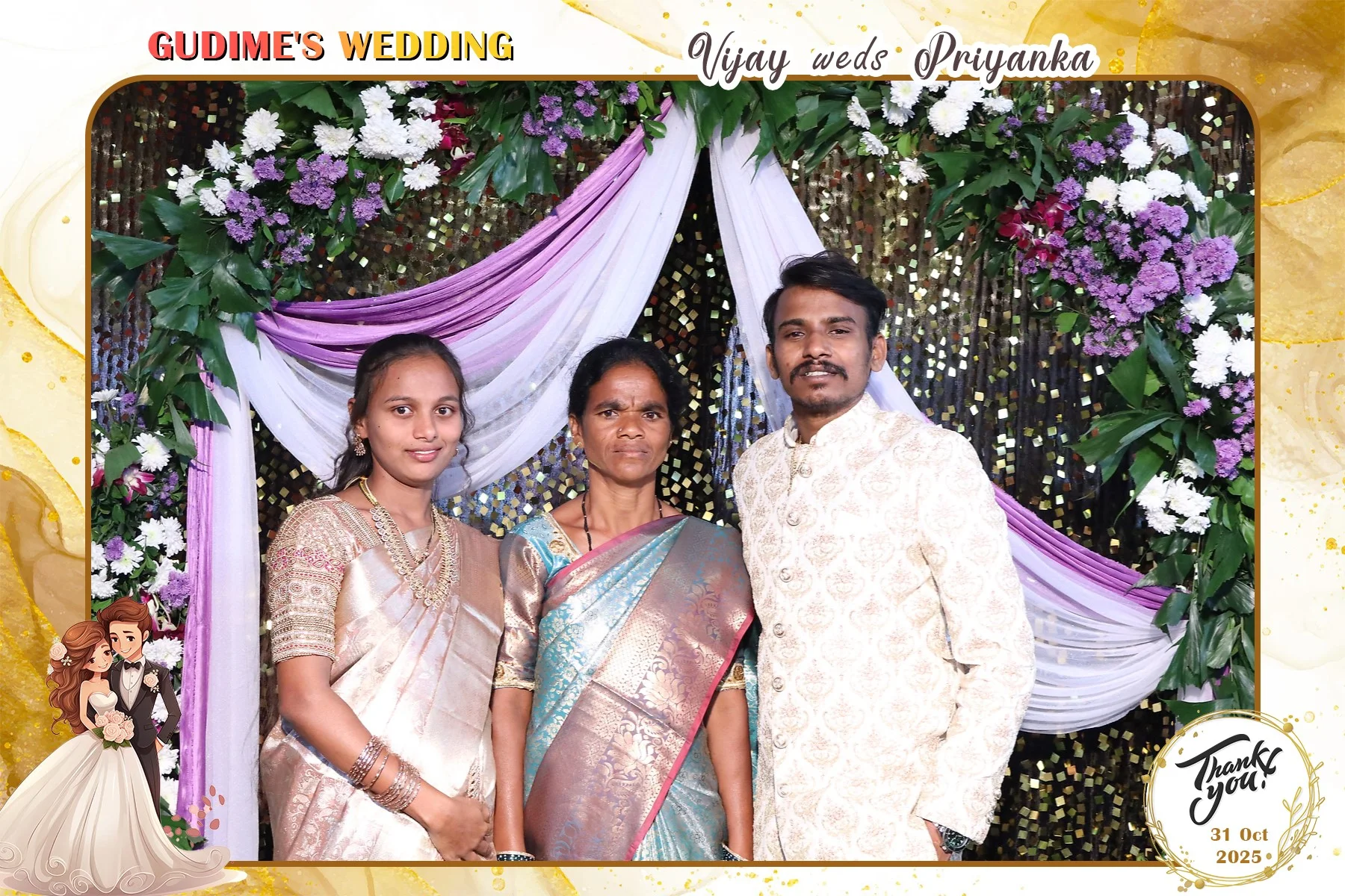 Wedding guests posing in an OctoSnap photo with a floral wedding template