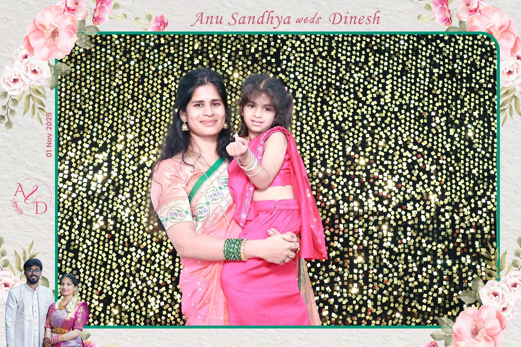 A guest holding a child in an OctoSnap photo with a personalised floral event template