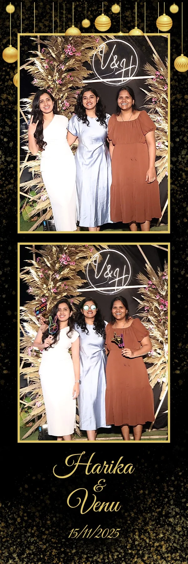Personalised OctoSnap photo strip with two guest group photos and a floral event design
