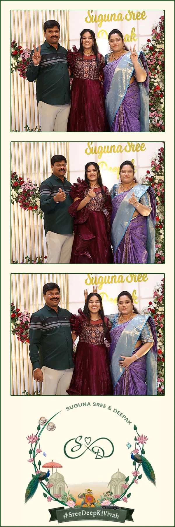 OctoSnap photo strip with two guest group photos and a floral celebration template