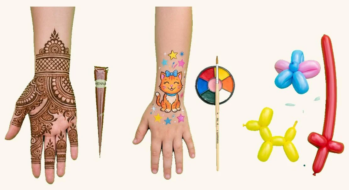 Mehendi, hand-painted colour tattoo and balloon twisting artist stalls by OctoSnap
